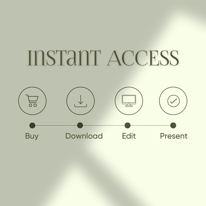 May include: A light green graphic with the words "INSTANT ACCESS" at the top. Below are four icons: a shopping cart, a downward arrow, a computer monitor, and a checkmark, each with a corresponding word: Buy, Download, Edit, and Present.
