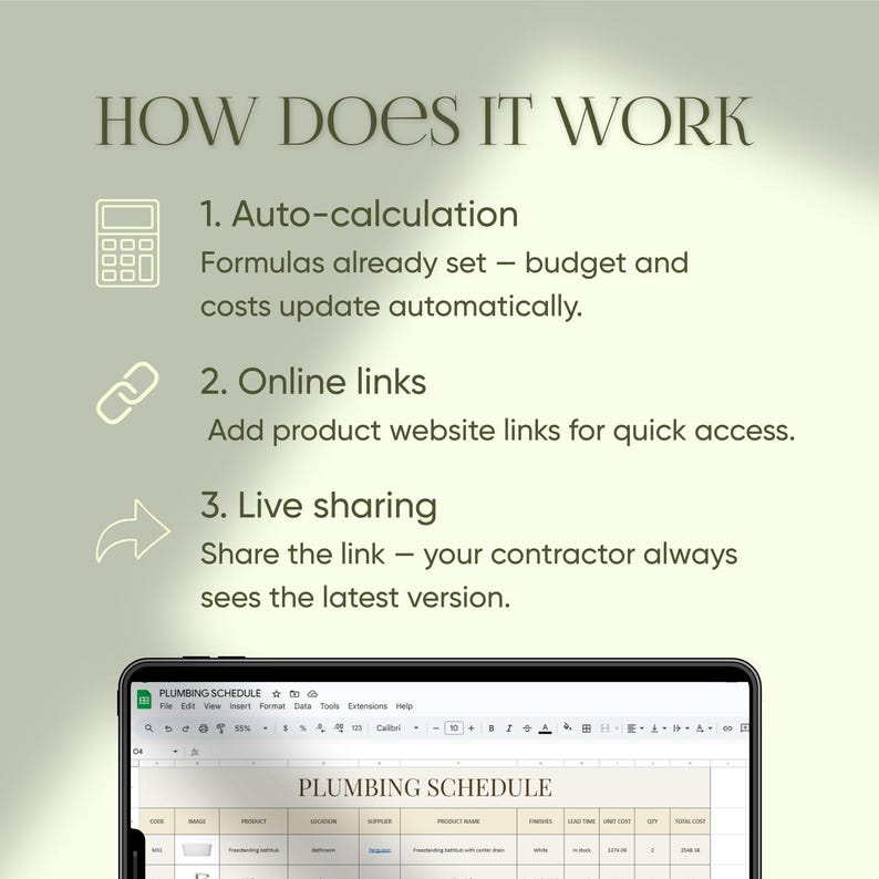 1 Sheet FF&E Plumbing Schedule Excel Google Sheets Canva Template - Etsy