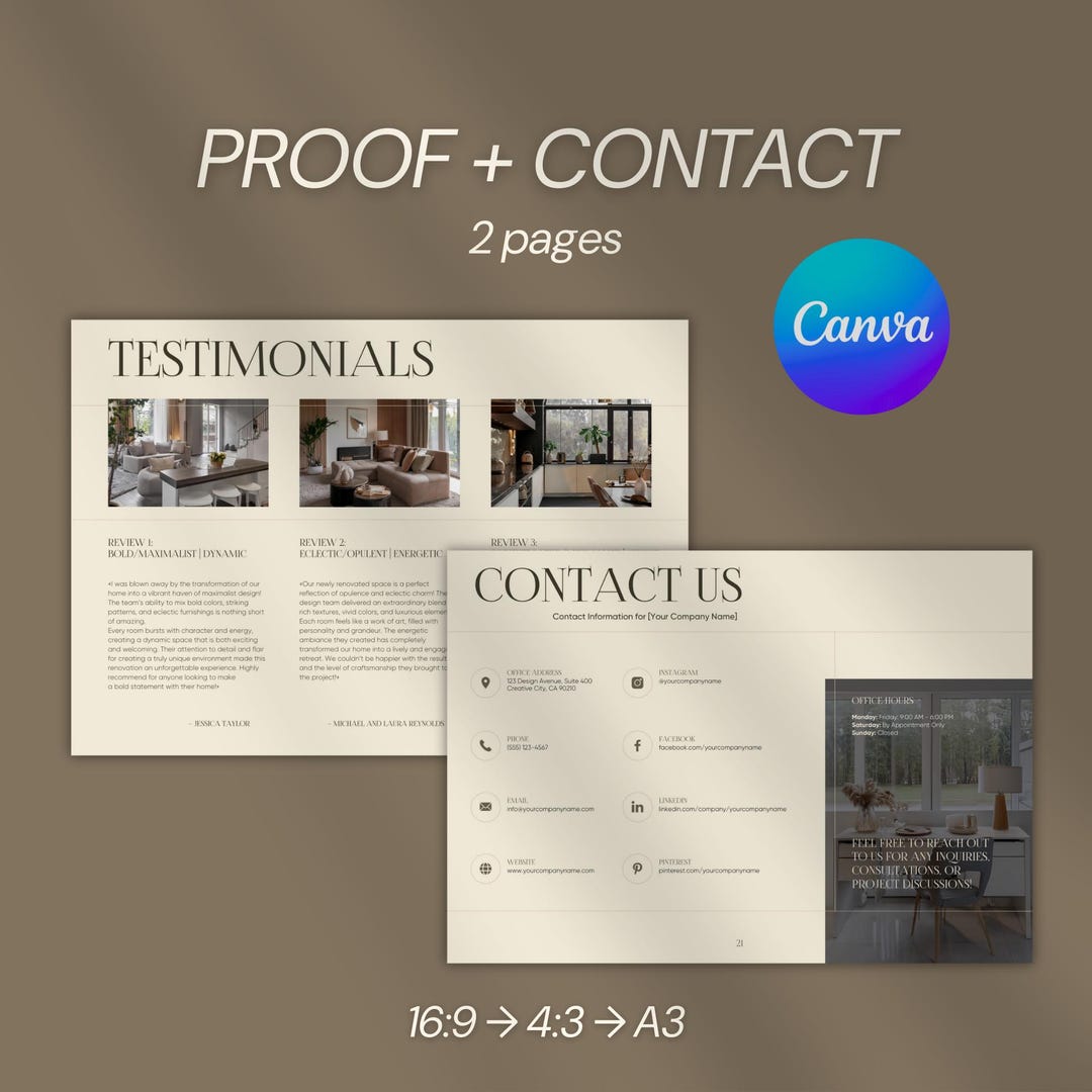 Contact Review Example Client Reviews + Contact Sheet Canva Layout — Elegant Testimonial Page ...