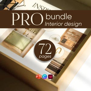 Peut inclure: Un ensemble de ressources de design d'intérieur intitulé "PRO bundle Interior design" avec le nombre "72 pages" dans un cercle marron. L'image montre des exemples de designs de cuisine. L'ensemble comprend des ressources pour le design d'intérieur.