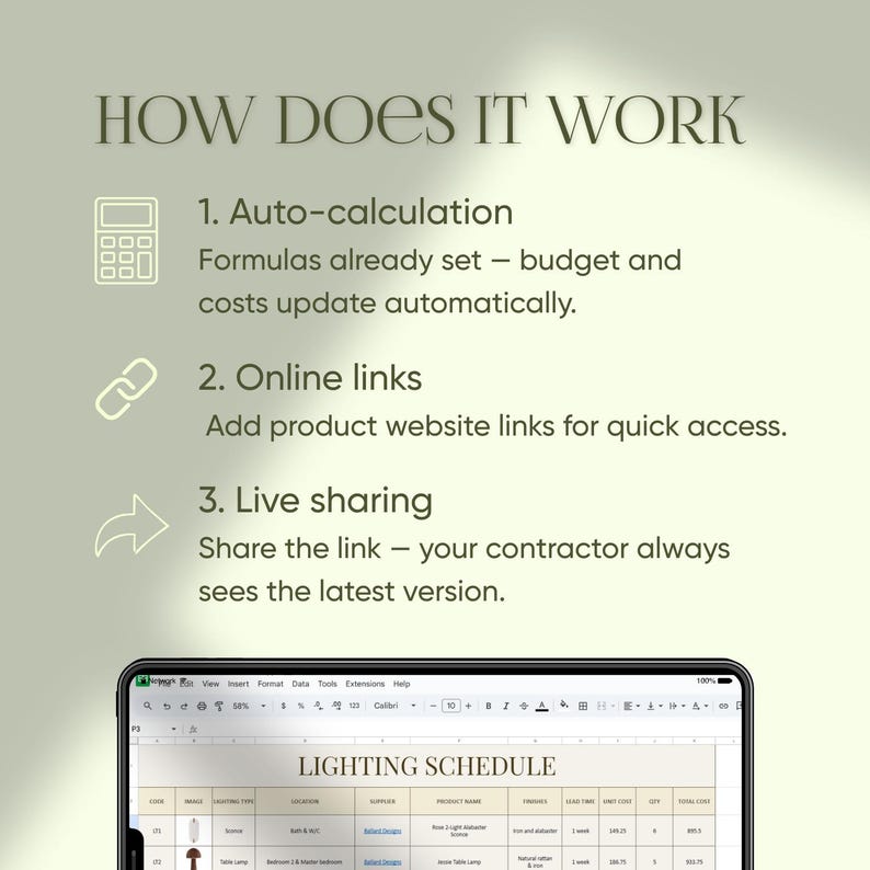 May include: A digital tablet displays a spreadsheet titled "LIGHTING SCHEDULE" with data and a calculator icon. The text "HOW DOES IT WORK" is at the top, followed by numbered points explaining auto-calculation, online links, and live sharing.