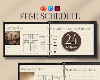 FF&E Schedule Interior Template, 24 Editable Pages, Mood Board, Material Lighting Planner, Canva, PowerPoint