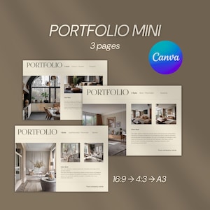 May include: A digital portfolio template with three pages, showcasing interior design layouts. The design includes the text "PORTFOLIO MINI" and "3 pages". A Canva logo is visible. The aspect ratios are 16:9, 4:3, and A3.