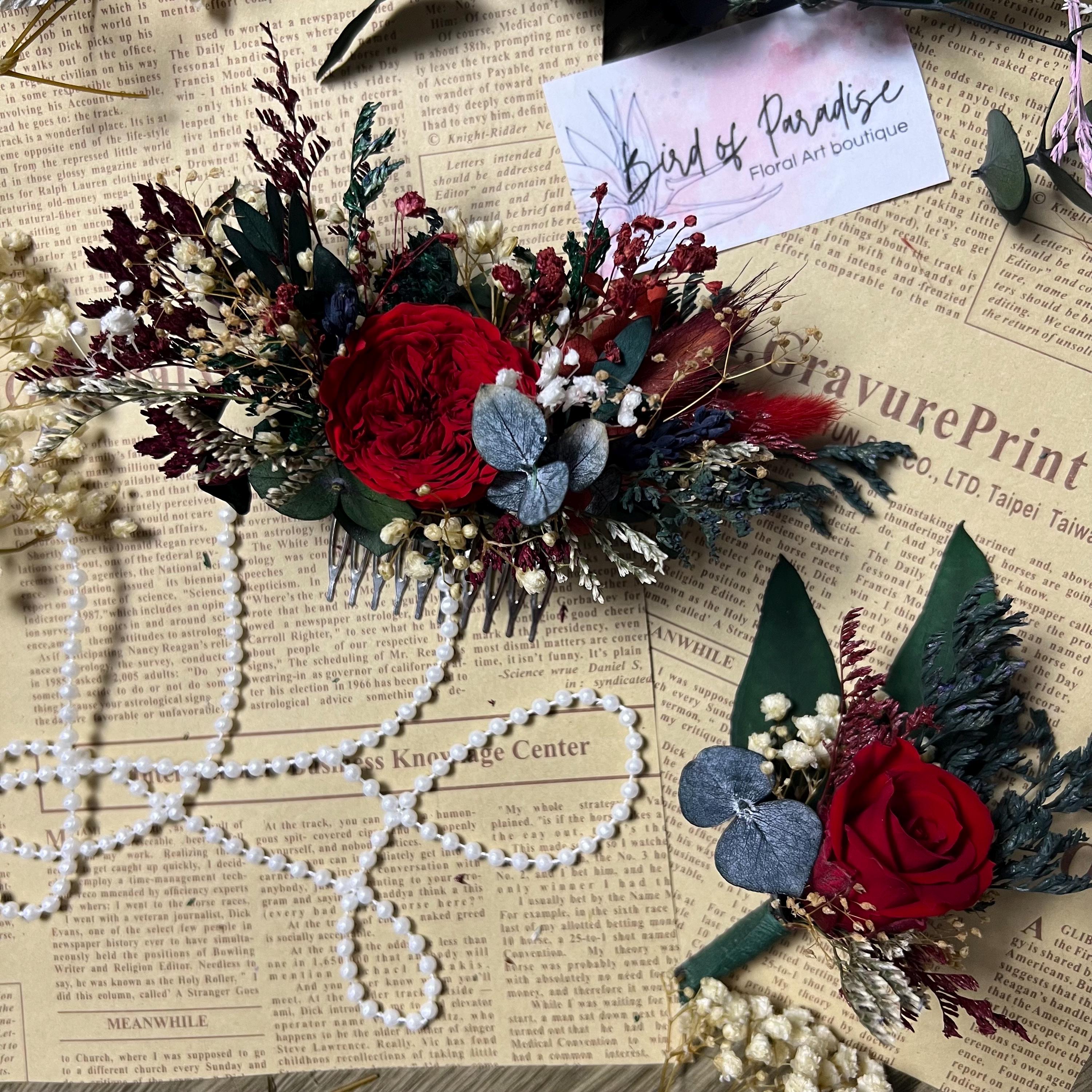 Red Floral Hair Comb Flower hair pins Bridal Hair pins, burgundy headpiece, Bridal hair comb,  hairpins, Fall wedding accessories, red rose