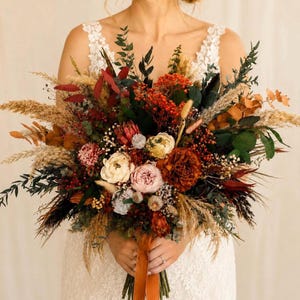 Fall Bridal Bouquet Burnt Orange Burgundy Preserved Wedding Bouquet