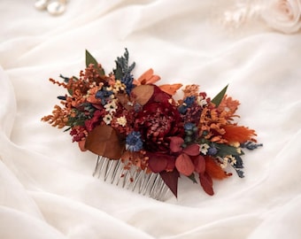 Burgundy Floral Hair Comb Burnt Orange Wedding Hair Piece Navy Blue Bridal Hair Accessory Ivory Dried Flower Comb
