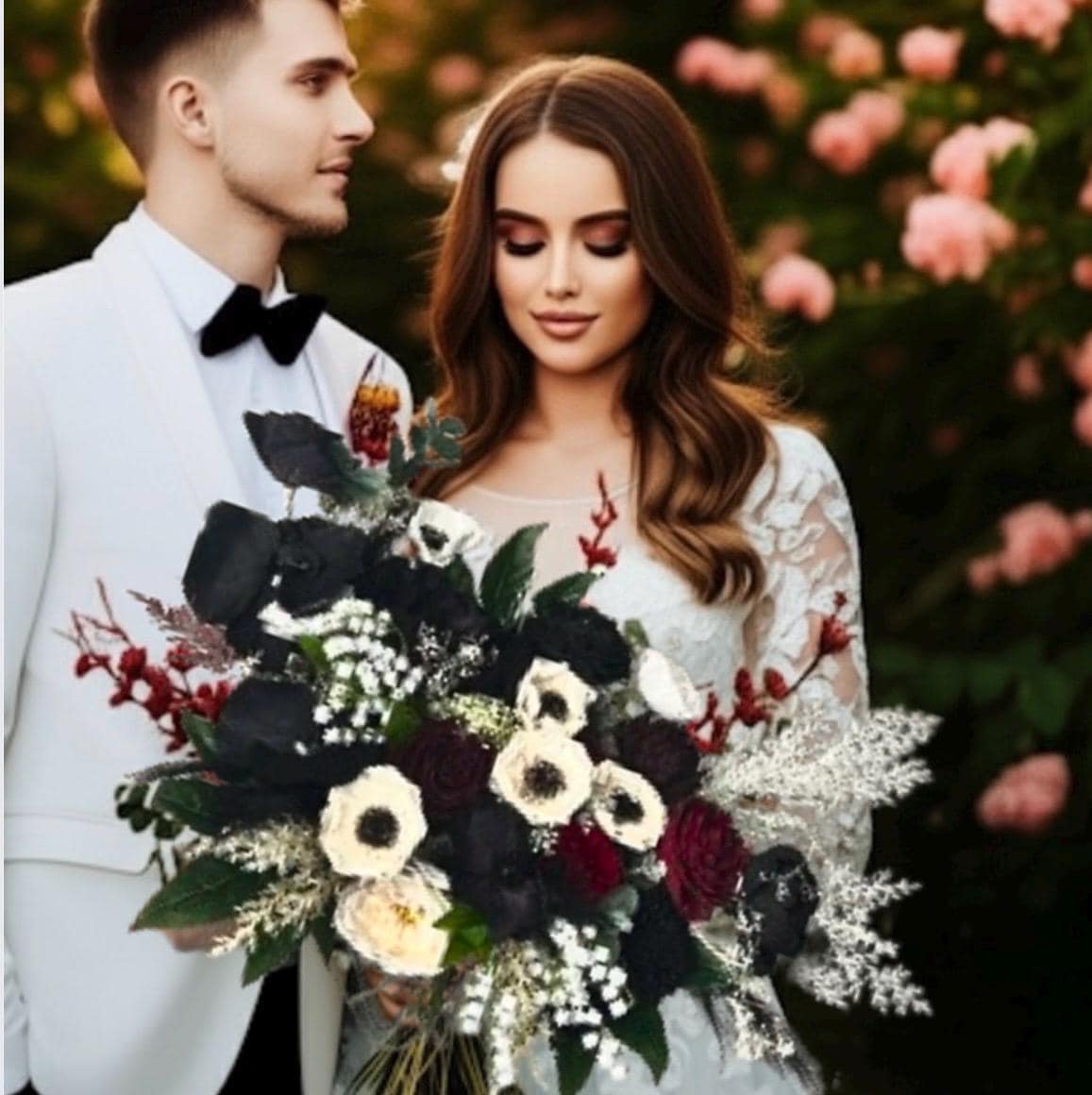 Dark Elegance Bridal Bouquet: Burgundy Black Sola Wood & Artificial Flowers