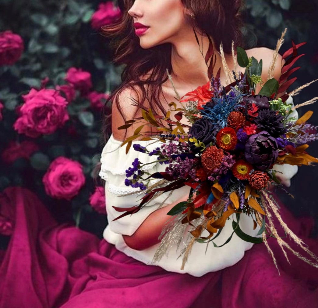 Boho Terracotta Wedding Bouquet: Dried Flowers, Sola Wood, Rustic Autumn Decor