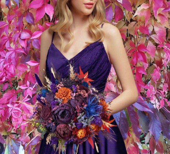 purple bridesmaid dresses with orange flowers ZAPAKA Women Lavender Flower A-line Long Bridesmaid Dress with Slit Spaghetti Straps Pleated Long Formal Dress, Lavender Flower / US4