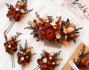 Burnt Orange Terracotta Wedding Hair Accessories Set Boho Floral Hair Comb Pins Boutonniere Corsage Fall Bride