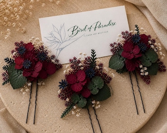 Burgundy Bridal Hair Pins Preserved Flowers Hydrangea Wedding Hair Piece Boho Floral Hair Accessories Bridesmaid Gift