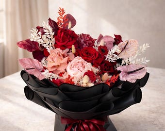 Luxury Preserved Flower Bouquet: Pink Peony, Red Roses, Anthurium, Hydrangea, Burgundy Arrangement