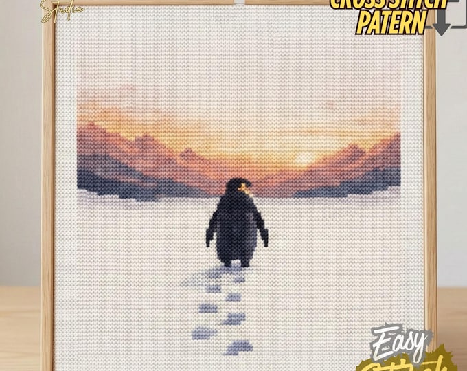 Penguin Cross Stitch Pattern, Motivational Mental Health Gift, Beginner Winter Landscape PDF