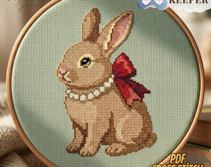 Bunny with Bow Cross Stitch Pattern – Beginner Animal Design (PDF Download)