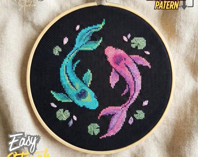 Yin Yang Koi Fish Cross Stitch Pattern, Water Lily Pond Nature Embroidery
