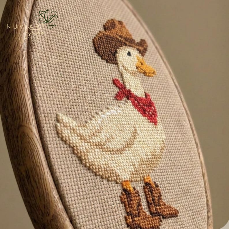 K&ouml;nnte beinhalten: Kreuzstich-Stickerei einer Ente mit Cowboyhut, rotem Halstuch und Cowboy-Stiefeln. Die Ente ist mit cremefarbenem, braunem und gelbem Garn auf einem beigefarbenen Stoff gestickt. Die Stickerei ist in einem Holzrahmen gefasst.