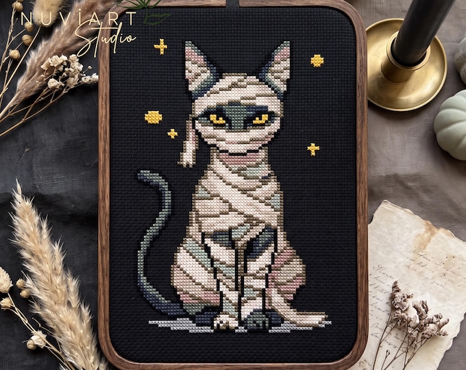 Mummy Cat Cross Stitch Pattern, Spooky Halloween Cat PDF, Egyptian Gothic Cat Embroidery Chart