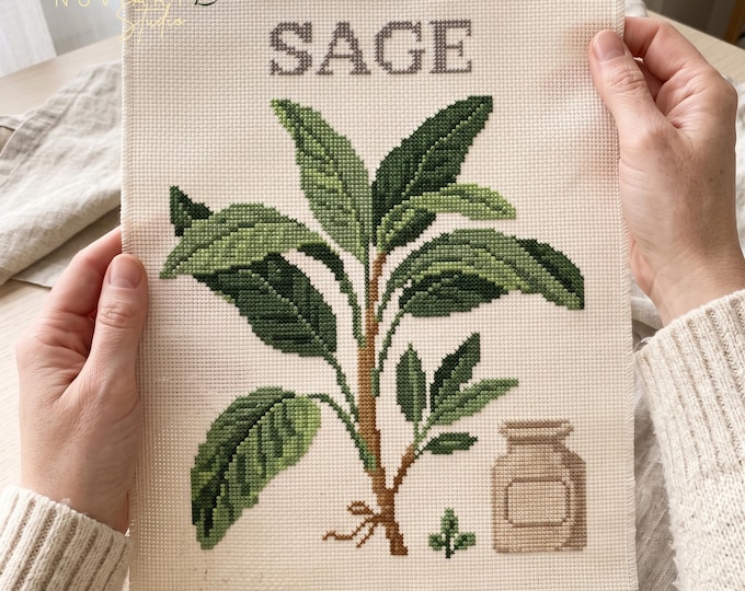 Sage Cross Stitch Pattern PDF, Botanical Herb Design, 12 DMC Colors, Pattern Keeper Compatible