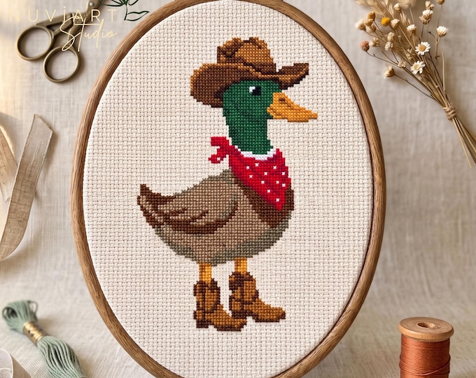 Cowboy Mallard Duck Cross Stitch Pattern, Green Head Bird Embroidery Chart (PDF Download)