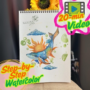 Watercolor Whale Painting Class – 20 Min Video Tutorial with Voice, Beginner-Friendly, Digital Art Lesson, Instant Download