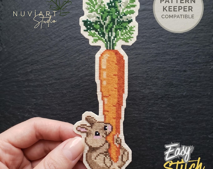 Rabbit Carrot Cross Stitch Pattern, Beginner Bookmark Design (PDF Download)