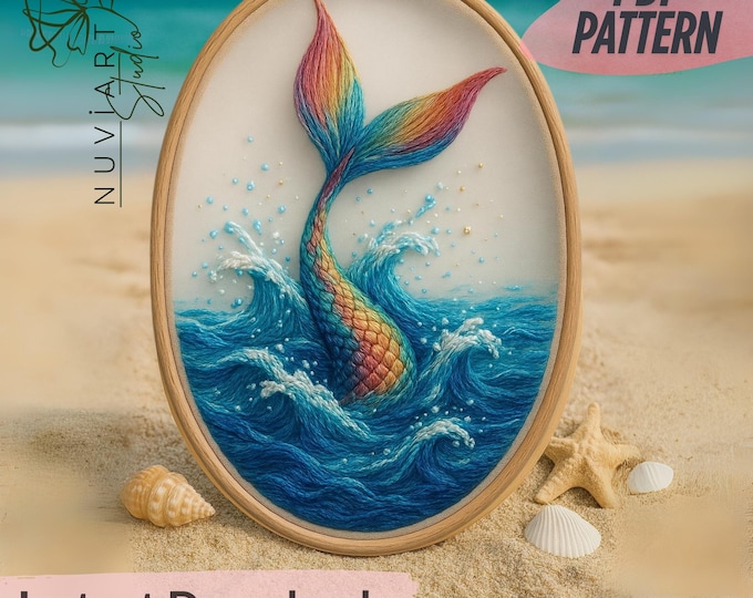 Mermaid Tail Embroidery Pattern: Rainbow Ocean Waves Hoop Art (PDF Download)