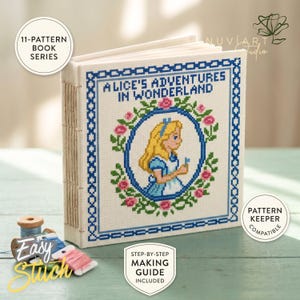 Alice i Underlandet korsstygnsmönsterpaket, DIY-tygboksserie PDF, mönsterförvaring
