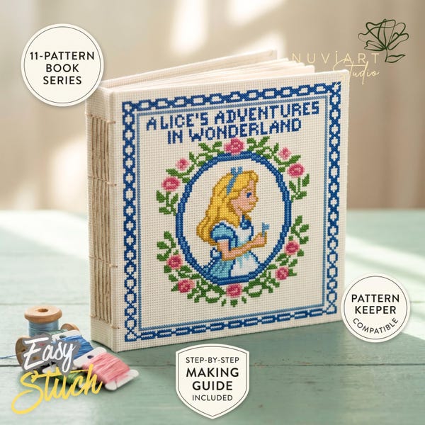 Alice i Underlandet korsstygnsmönsterpaket, DIY-tygboksserie PDF, mönsterförvaring