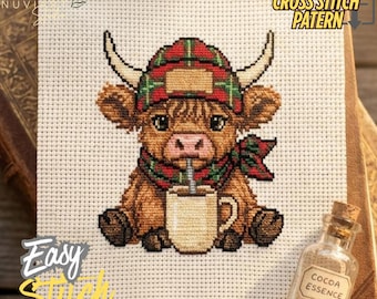 Highland Kuh Kreuzstichmuster, Baby Kuh Kaffeetasse, anfängerfreundlich (PDF Download)