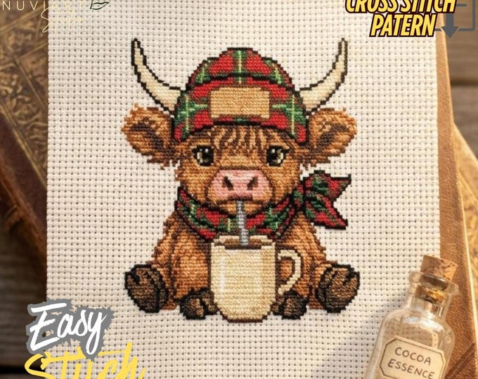 Highland Cow Cross Stitch Pattern, Baby Cow Coffee Mug, Beginner Friendly (PDF Download)