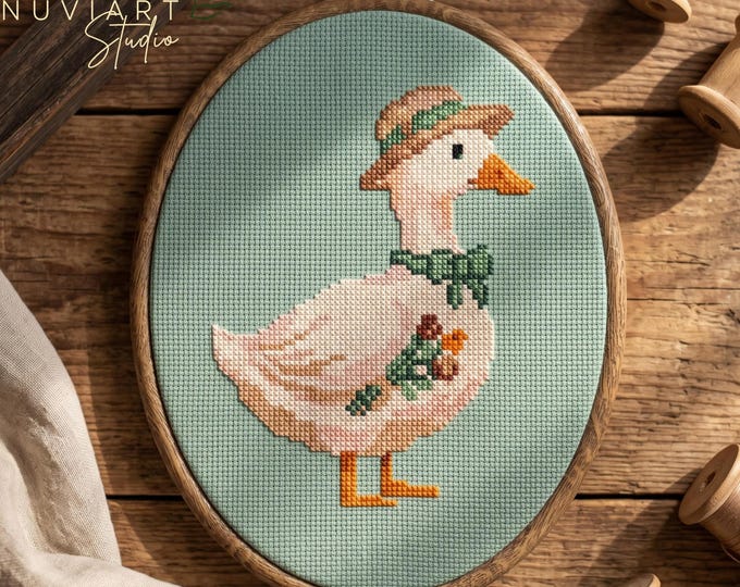 Duck Cross Stitch Pattern PDF, Floral Design for Beginners and Easy Stitching