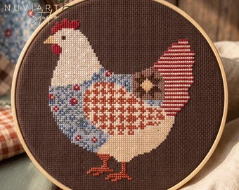 Patchwork-Hühner-Kreuzstichmuster (PDF), Vintage-Henne im Stil der Volkskunst, Bauernhausküche, Cottagecore-Stickerei