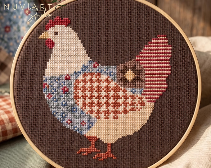 Patchwork Chicken Cross Stitch Pattern PDF, Vintage Folk Art Hen, Farmhouse Kitchen Decor, Cottagecore Embroidery