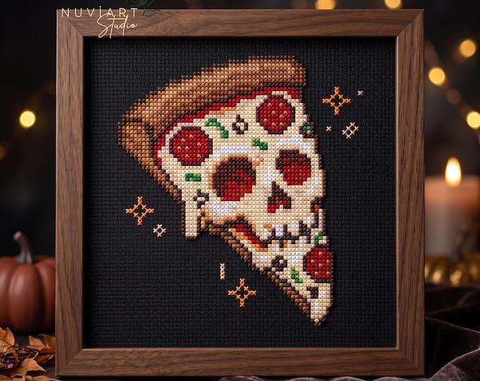 Halloween Skull Pizza Cross Stitch Pattern, Spooky Embroidery PDF