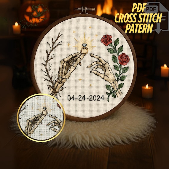 Gothic Wedding Cross Stitch Pattern: Skeleton Hands, Editable Date (PDF)