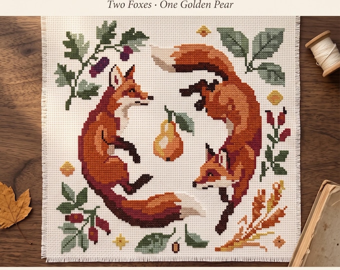 Autumn Fox Cross Stitch Pattern PDF, Woodland Folk Art Design, Digital Download