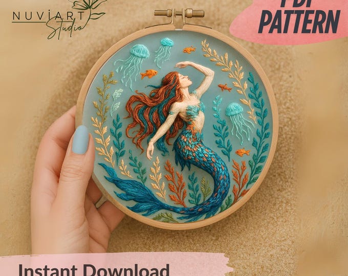 Mermaid Embroidery Pattern: DIY Underwater Hoop Art (PDF Download)
