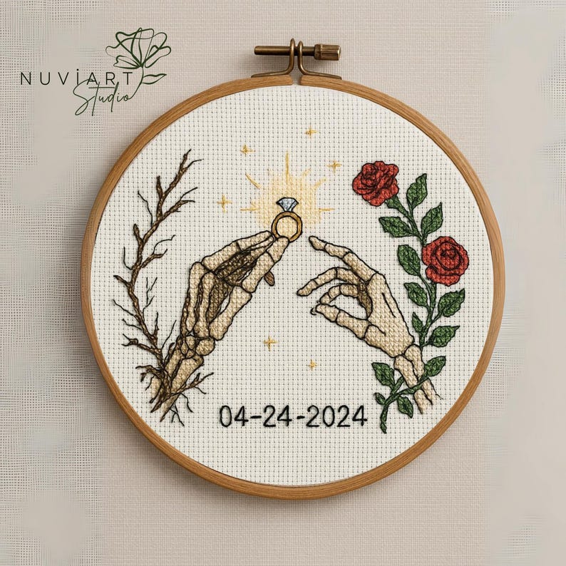 Padrão de ponto cruz para casamento gótico: mãos de esqueleto, data editável (PDF) imagem 8