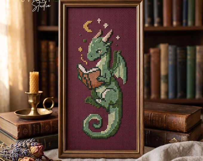 Reading Dragon Cross Stitch Pattern PDF, Whimsical Bookmark Design for Fantasy Lovers