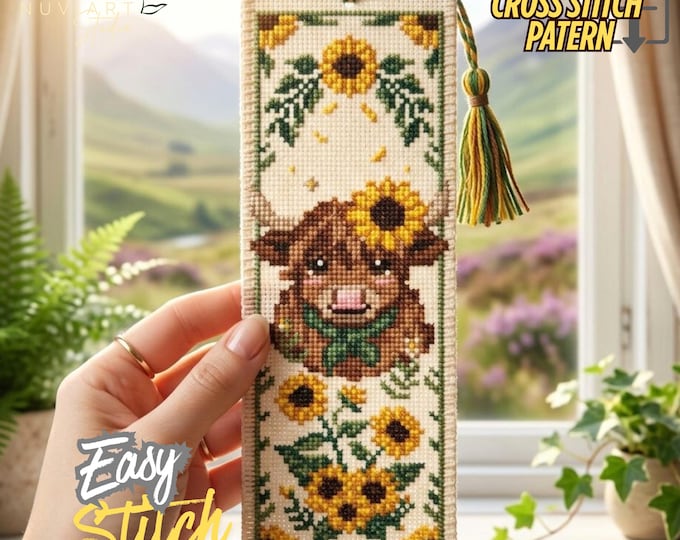 Highland Cow Bookmark Cross Stitch Pattern, Sunflower Reading Gift, Easy Beginner PDF, Digital Download