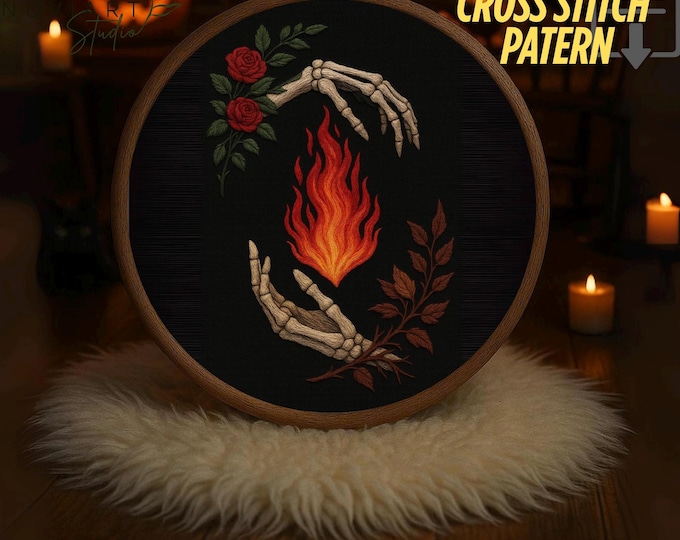 Halloween Embroidery Pattern – Gothic Fire Hands PDF Instant Download