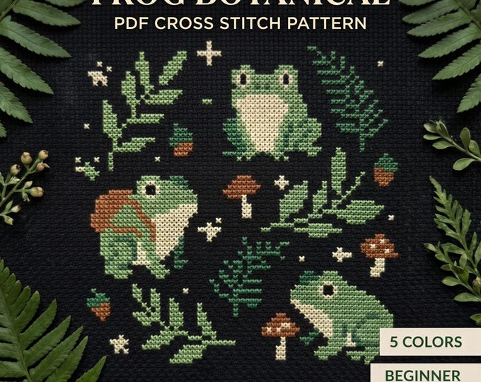 Frog Cross Stitch Pattern PDF, Woodland Mushroom Cottagecore Sampler