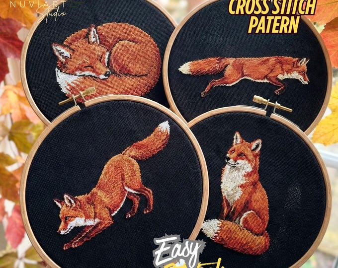 Fox Cross Stitch Pattern, 4 Woodland Animals, Easy PDF Chart, Autumn Nursery Embroidery