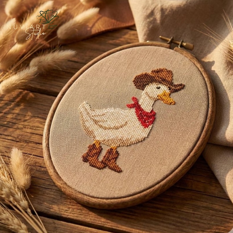 K&ouml;nnte beinhalten: Ovaler Stickrahmen mit einem Kreuzstich-Design einer Ente mit Cowboyhut, rotem Halstuch und Stiefeln. Die Ente ist mit cremefarbenem, braunem und gelbem Garn auf beigem Stoff gestickt. Der Holzrahmen ist sichtbar.