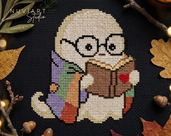Cozy Reading Ghost Cross Stitch Pattern PDF, Beginner-Friendly Bookish Design