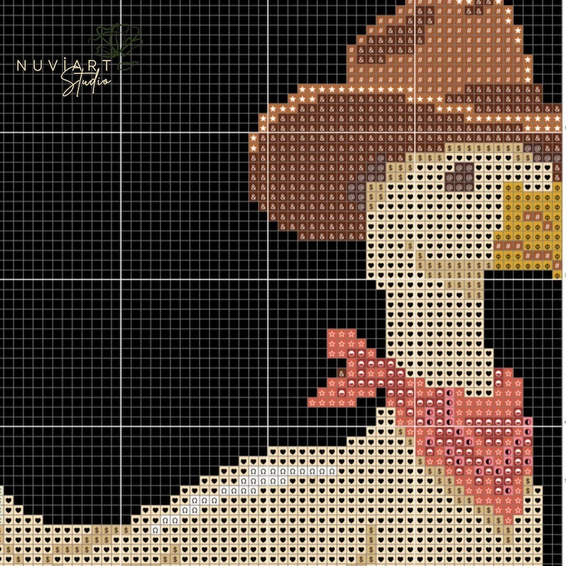K&ouml;nnte beinhalten: Kreuzstichmuster einer Cartoon-Ente mit Cowboyhut und rosa Bandana. Die Ente ist in Beige-, Braun- und Rosat&ouml;nen vor einem schwarzen Gitterhintergrund dargestellt. Der Text "NUVIART Studio" befindet sich oben links.