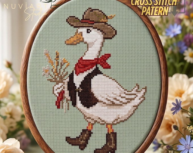 Cowboy Duck Pattern PDF, Whimsical Cross Stitch Design with Western Bird Motif