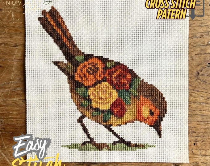 Autumn Bird Cross Stitch Pattern PDF | Fall Floral Animal Embroidery | Rustic Nature Wall Decor
