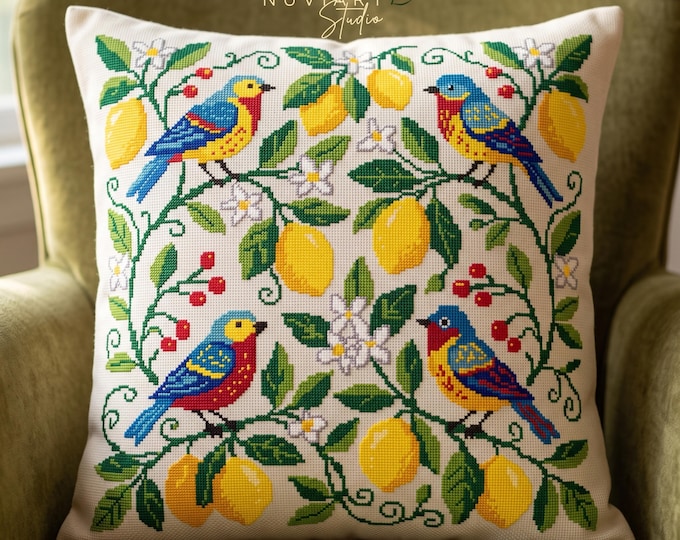 Bird and Lemon Cross Stitch Pattern, Folk Art Cushion Cover PDF, Pattern Keeper Chart