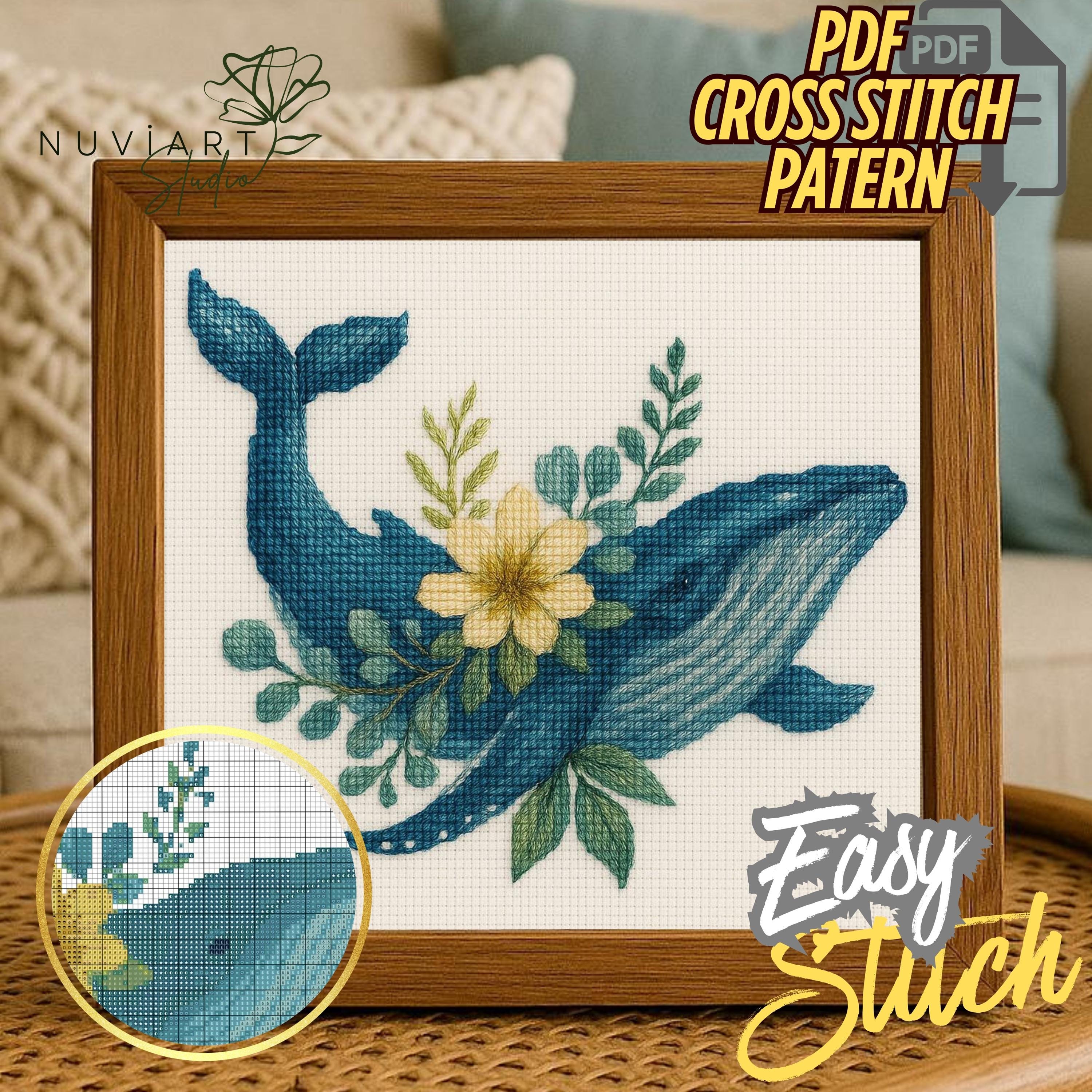 クジラのクロスステッチ図案（PDF）｜海の刺繍デザイン（DIYフープ